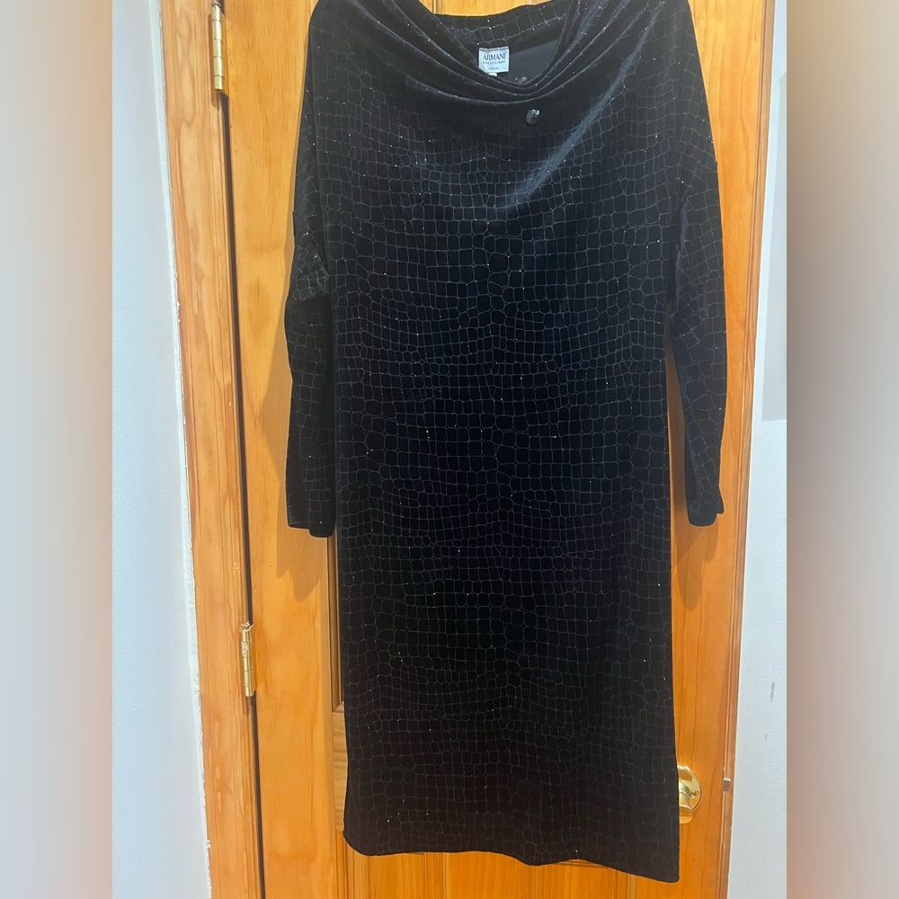 Brand New with tags. Armani black velvet dress with silver shimmer detailing